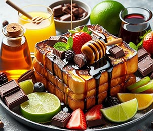 /Una torrija con miel rodeada de chocolate, Lima, fruta y siropes